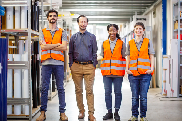 Portrait of successful warehouse staff standing together in line and looking at camera. Manager with team of workers in warehouse.